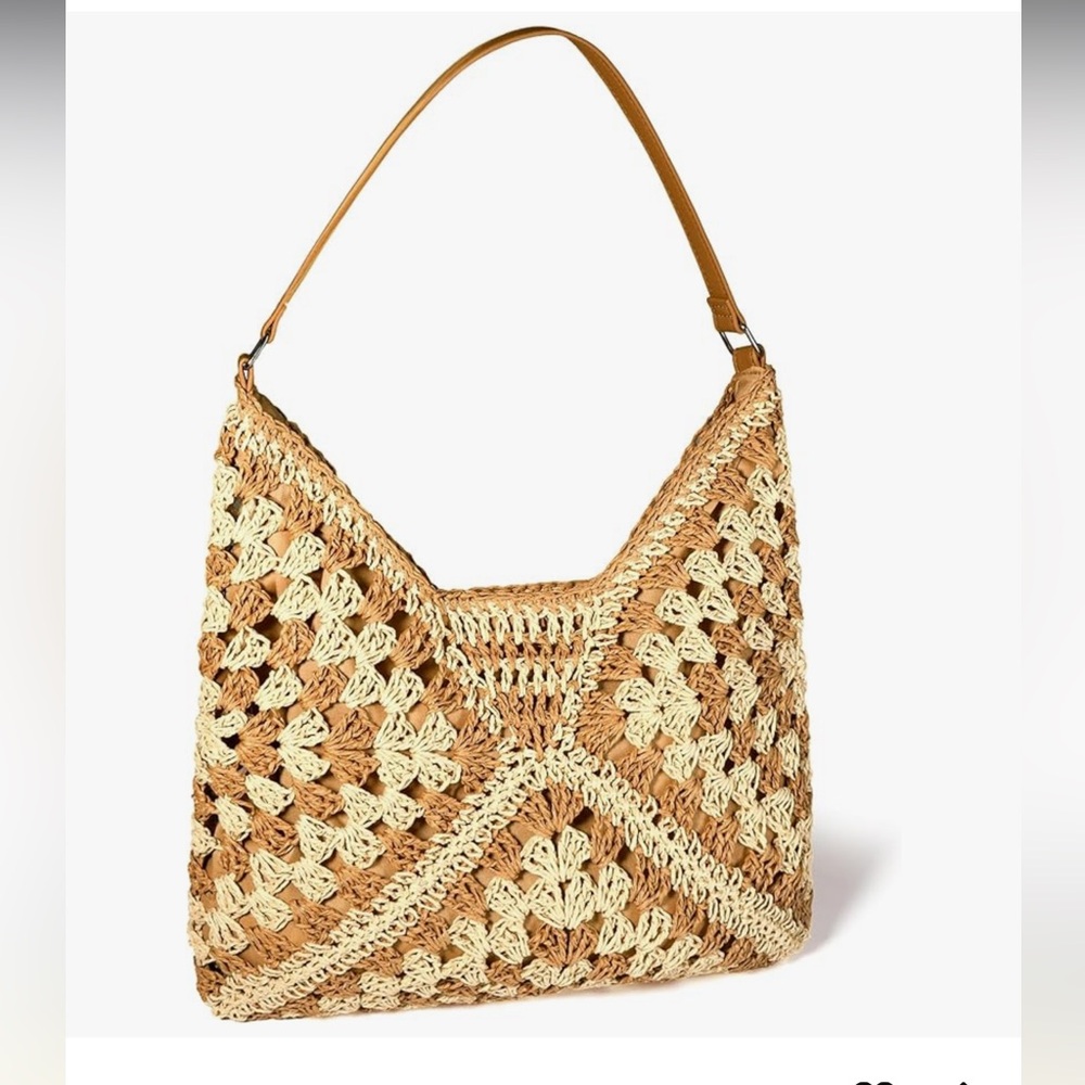 🆕 Straw Fabric Tote Bag, Handwoven Shoulder Handbag, 14 x 14 inches, Natural